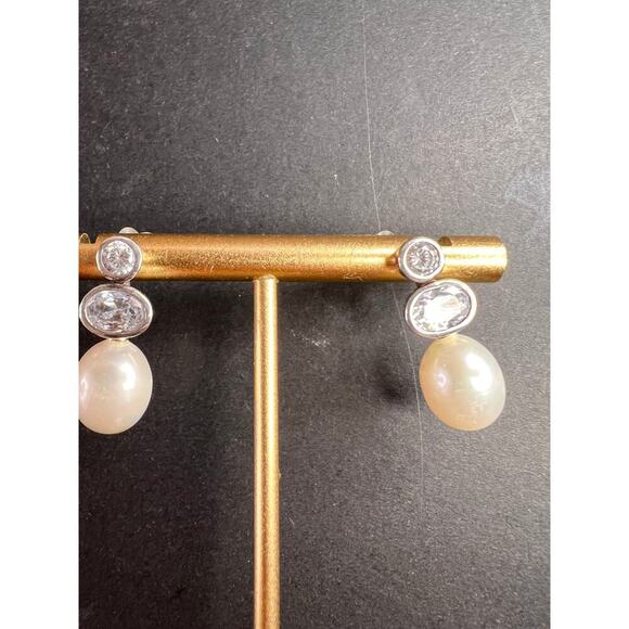 Cultured pearl and CZ sterling silver drop earrings - Picture 2 of 14